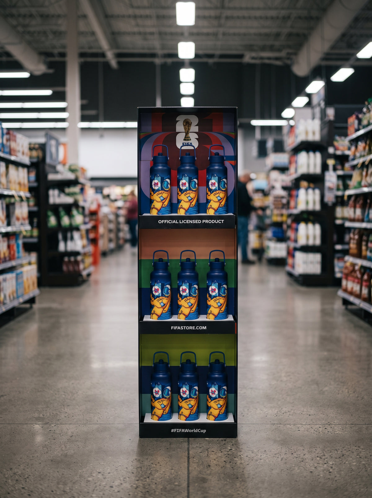 Atelier Sportif FIFA World Cup 26 bottle endcap display in a big box store